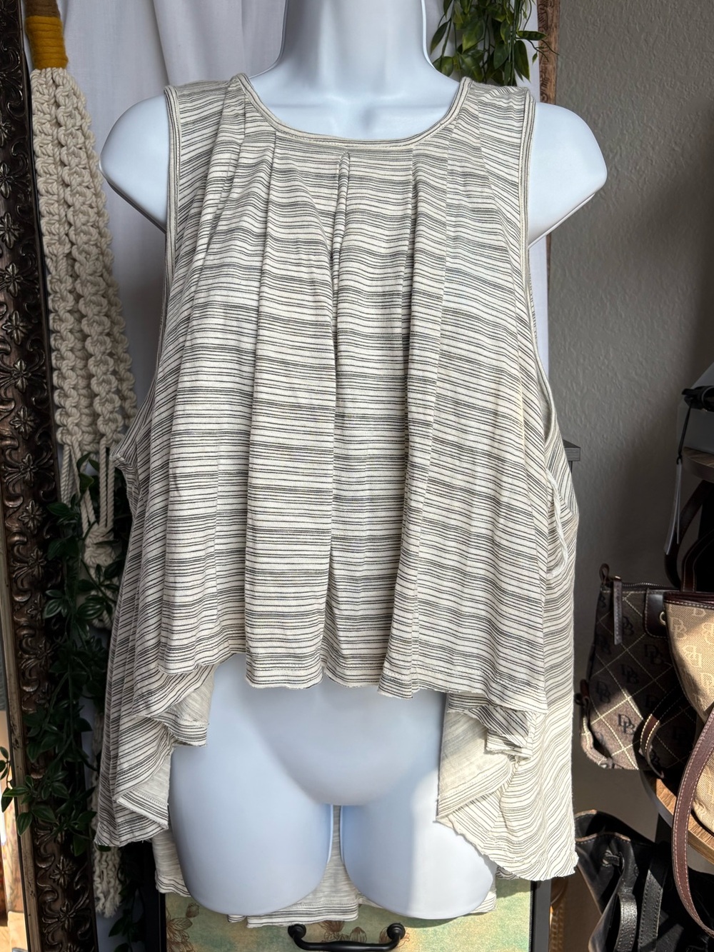 Free People Striped High Low Keyhole Back Swing Tank Top Ivory Gray Size Medium